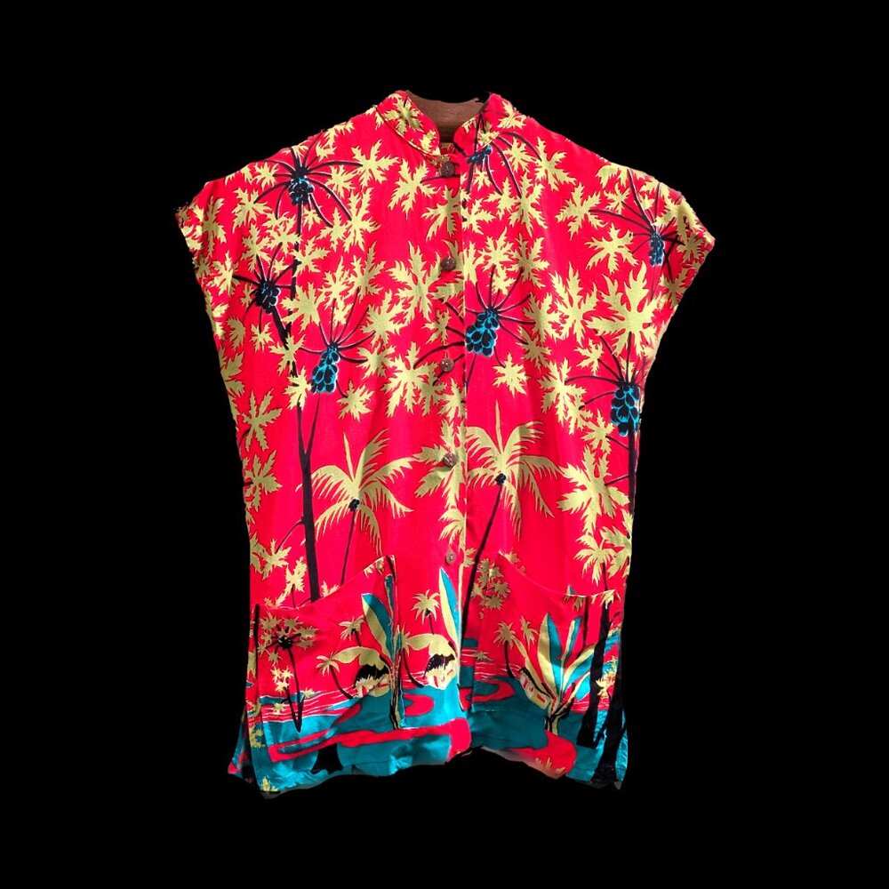 Vintage Tiki Tea-Timer Hostess Blouse Made in Honolulu